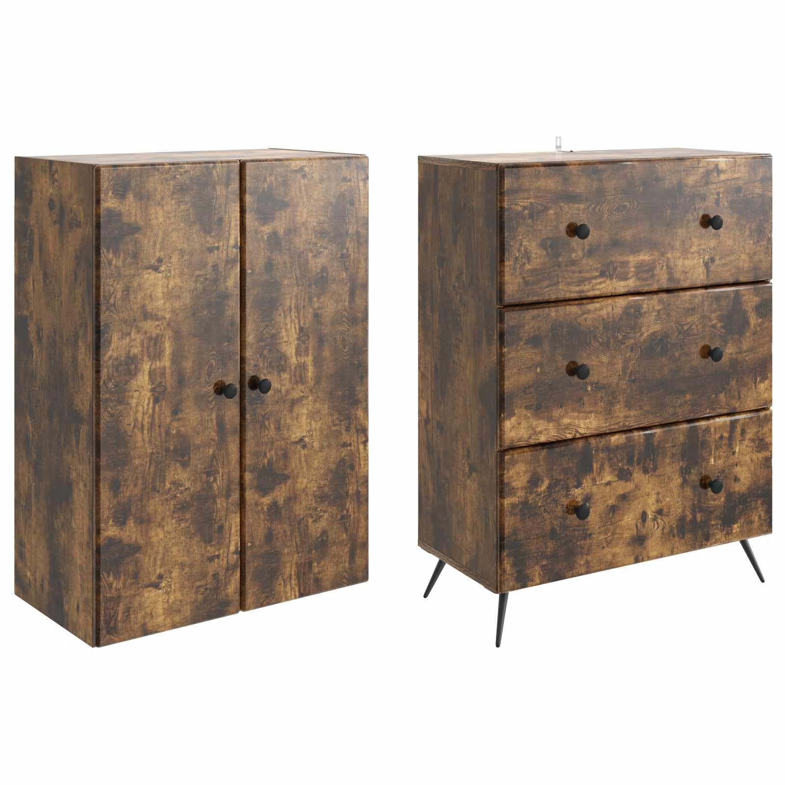 Zestaw szaf 2 szt. z materiału drewnopochodnego w kolorze wędzonego dębu o wymiarach 66 x 34,5 x 90 cm, 3 szuflady, 2 półki, 2 drzwi, uniwersalna przestrzeń do przechowywania do biura