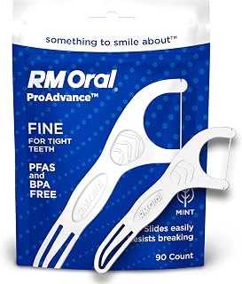RM Oral ProAdvance Fine Floss Flossers for Tight Teeth, Mint Dental Flossers with Fold-Away Pick Protector, Shred-Resistant Floss & Easy-Grip Handle, PFAS & BPA-Free