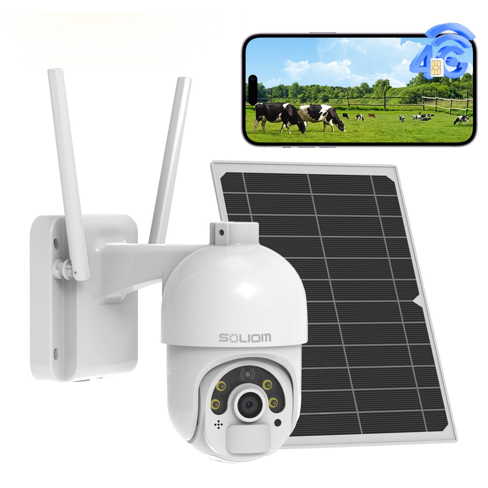 SOLIOM 4G LTE Cellular Security Camera Outdoor, No WiFi Solar Powered Camera, Pan Tilt 360° View Surveillance 2K Spotlight Color Night Vision, 2 Way