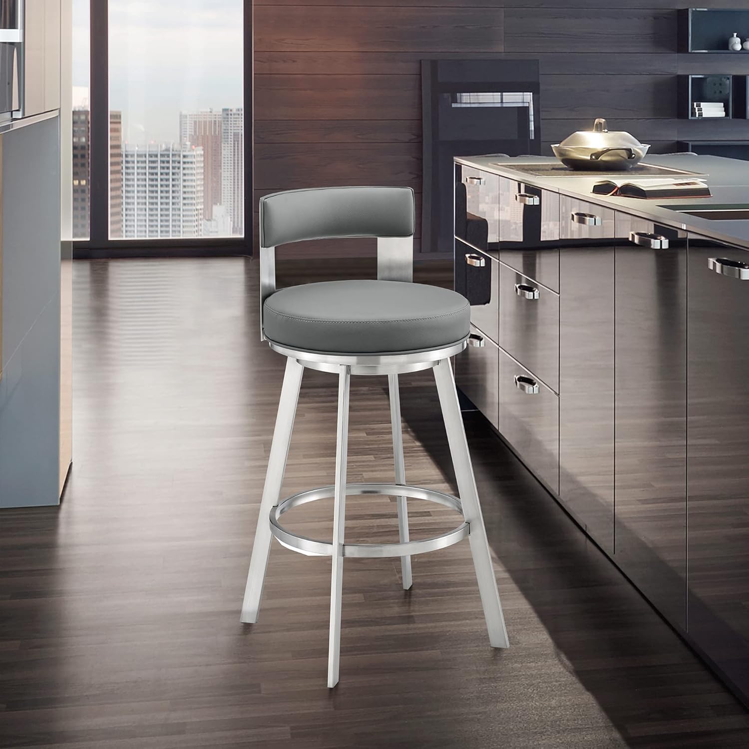 Flynn Swivel Counter Stool in Silver Metal with Grey Faux Leather