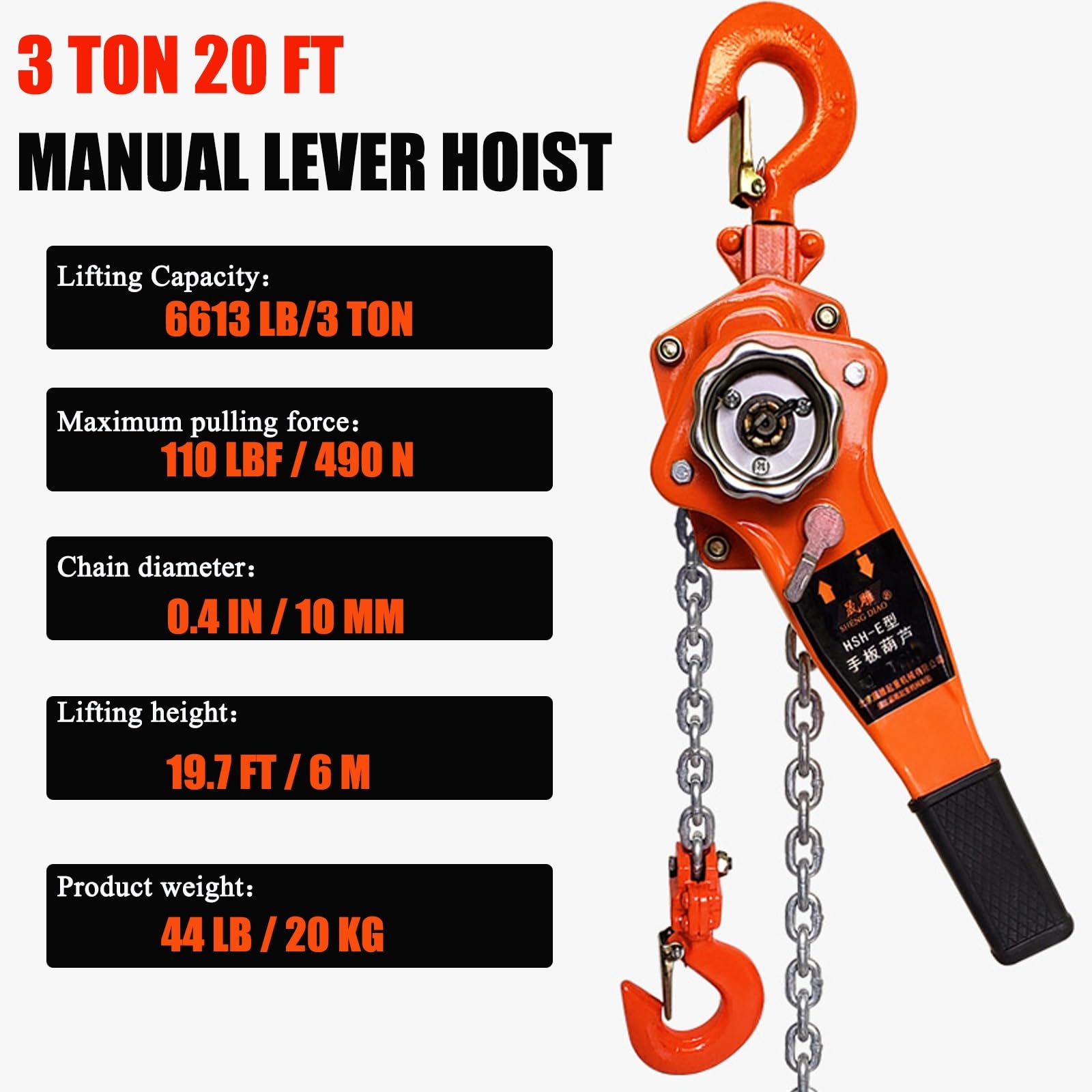 Manueller Handkettenzug Aus Legiertem Stahl Mit 2 Hochleistungshaken, Handkettenzug Mit Doppelbackenbremse, For Schweres Heben Und Riggen(3ton-20ft)