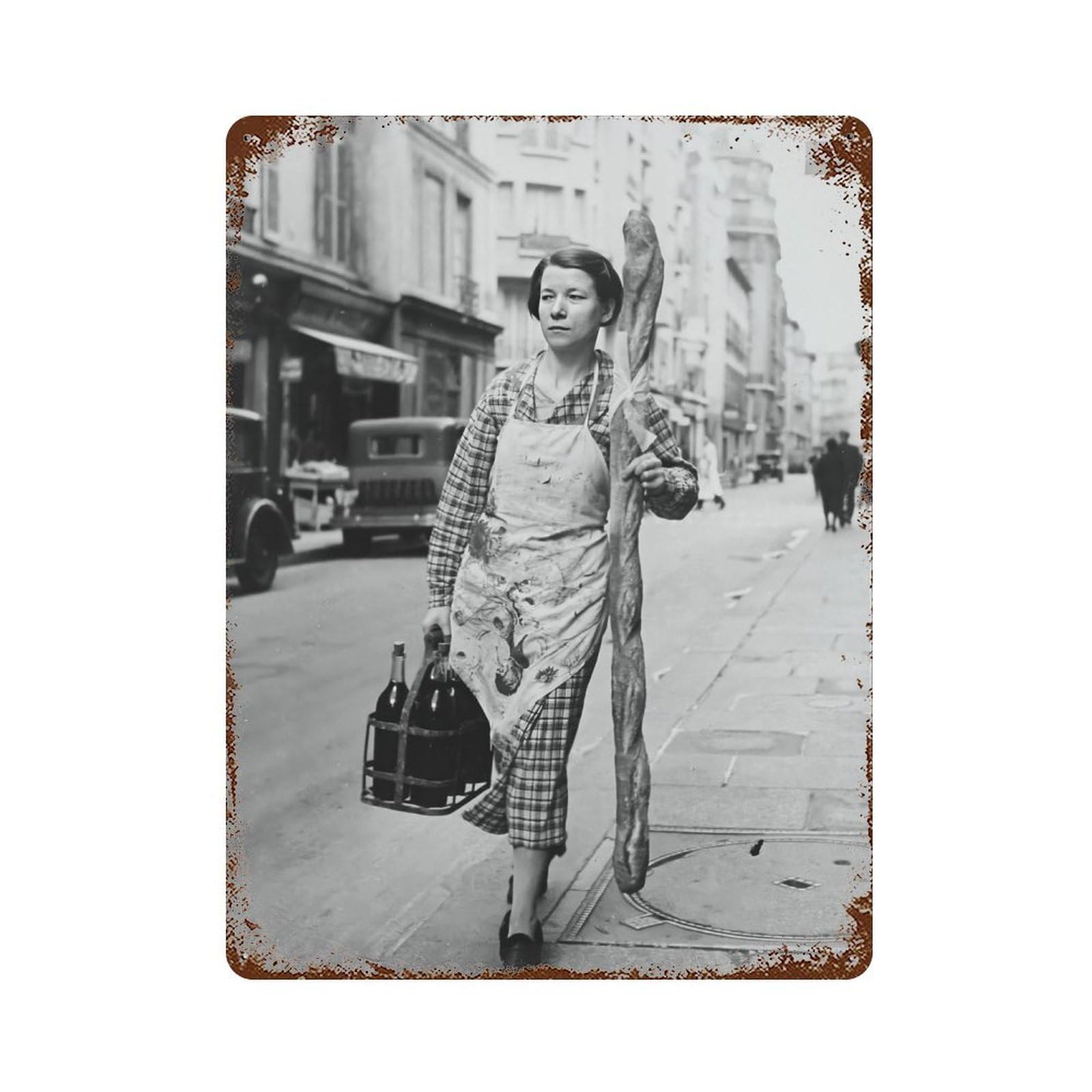 xiaoxiaoshen French Woman With Baguette & Wine Print Wall Decor Art Metal Tin Poster Modern Home Decor Art Home Bar Shop Decorations Vintage Sign 40x30cm