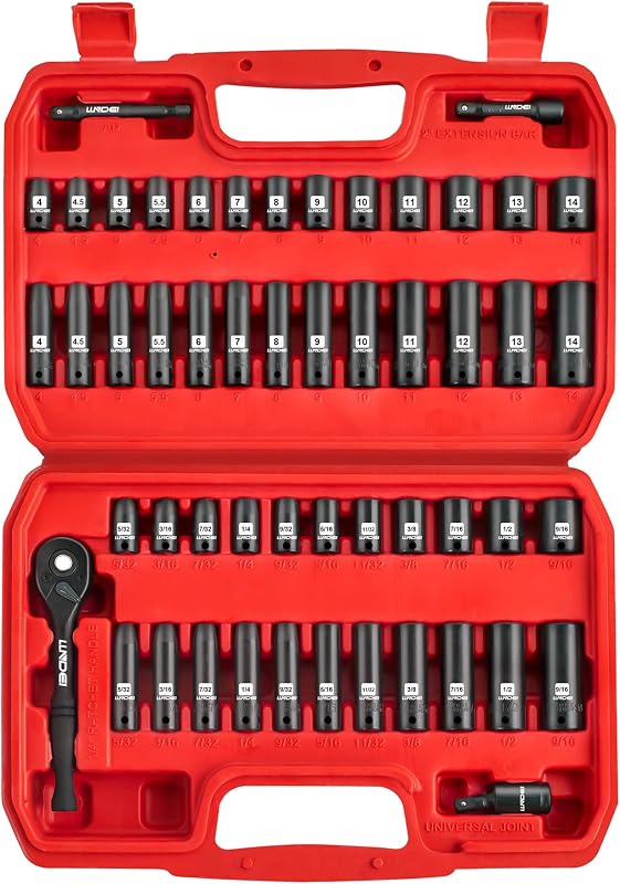 1/4" Drive Impact Socket Set 52Pcs, Metric and SAE | 4-14mm, 5/32"-9/16", 72-Tooth Ratchet, CR-V, Sockets Storage Kit, Mechanic Tool Set , Household Automotive Repair DIY Project
