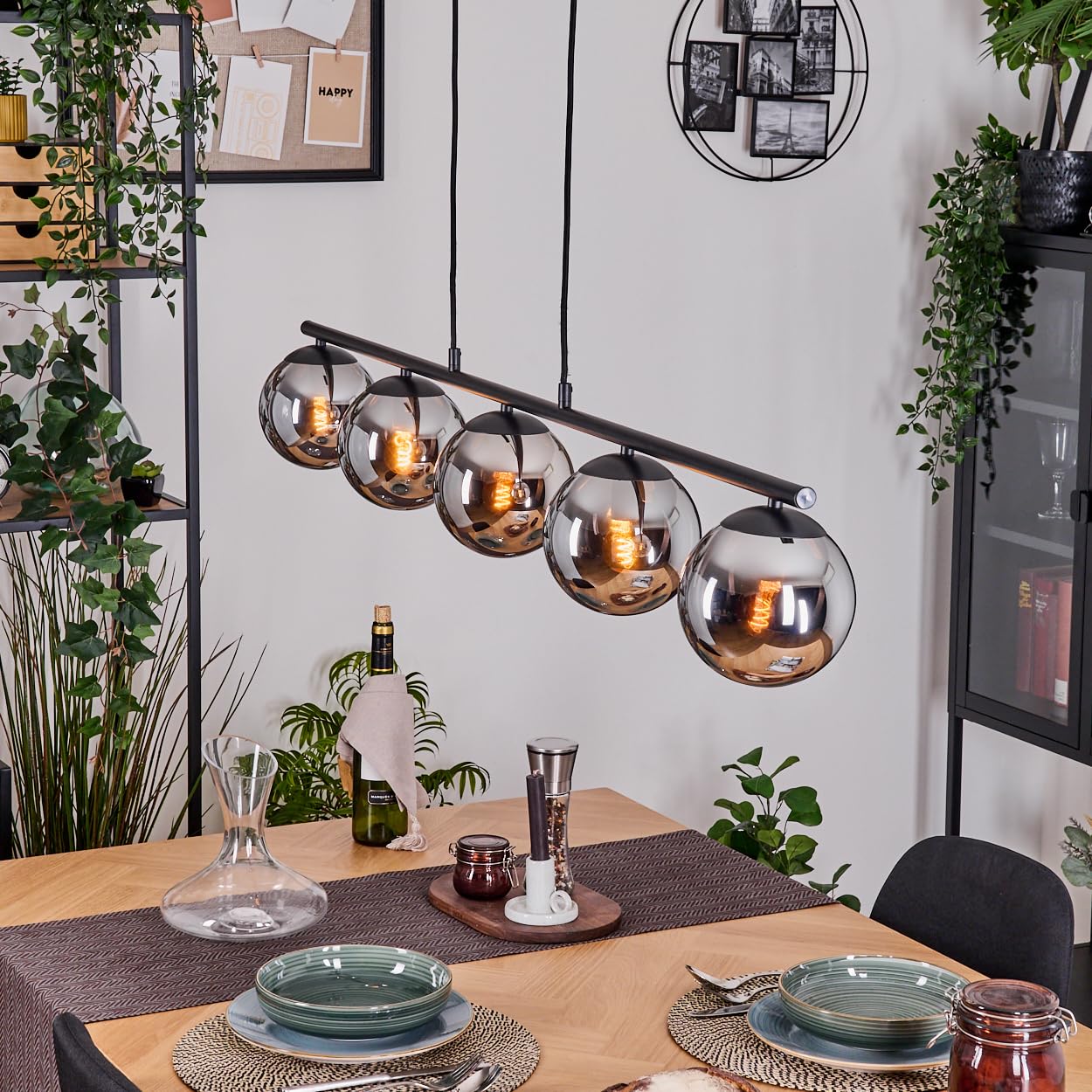 HOFSTEIN Pendelleuchte Gastor, 5-flammige Hängelampe aus Metall/Glas in Schwarz/Chrom/Rauch, moderne Hängeleuchte im Retro/Vintage-Design (Schirme Ø 15 cm), E14, Esszimmer, Küche, Wohnzimmer