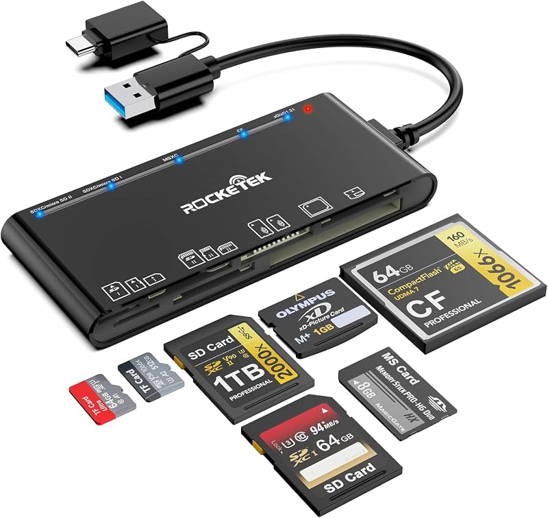 Rocketek 7 az 1-ben USB-C/USB 3.0 Memóriakártya Olvasó - 5Gbps Adatátvitel SD/SDHC/SDXC/CF/TF/XD/MS Kártyákhoz Windows/Mac/Linux Rendszerekh