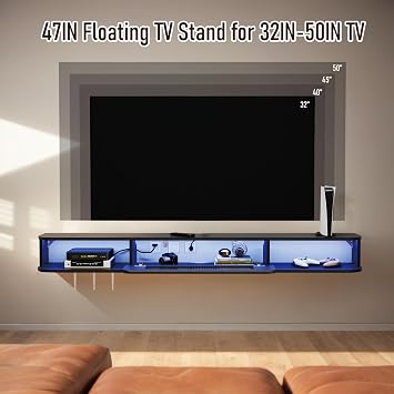 Pmnianhua Floating TV Stand with LED Lights, Solid Wood Wall Mounted TV Cabinet with Glass Door, Mid-Century Entertainment Media Console Center Large Storage Shelf Under TV (120cm, Black)