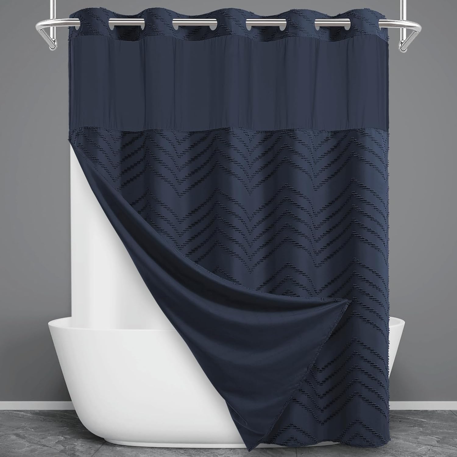 No Hook Shower Curtain with Snap in Liner, Tufted Chevron Striped Shower Curtain Set for Bathroom, Boho Waterproof and Washable Shower Curtains, 71Wx74H, Navy Blue