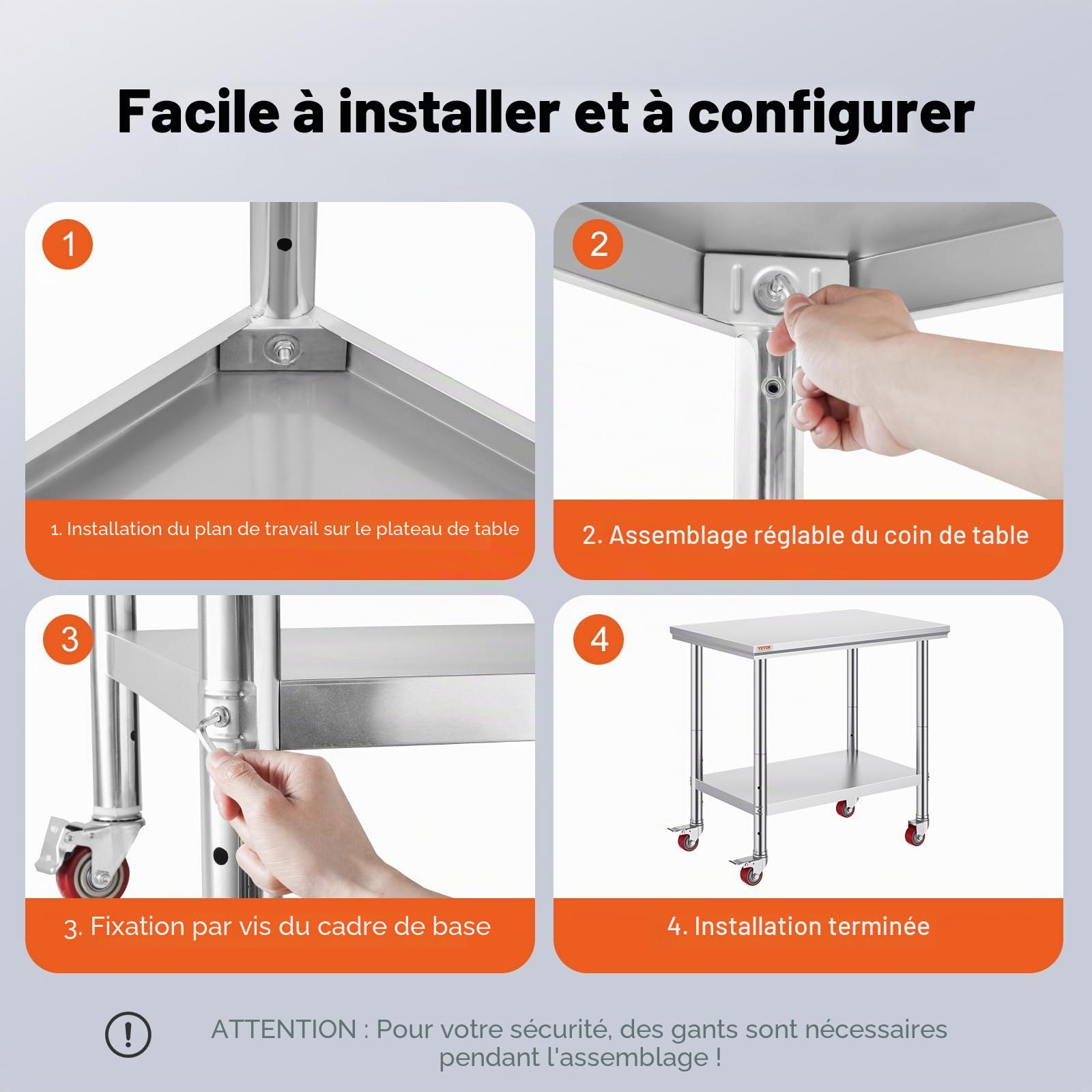 VEVOR Table de Travail Cuisine 90 x 60 x 85 cm, Table de Travail INOX avec roulettes et Freins, Capacité de Charge Totale 204 kg pour Préparation des Aliments aux Restaurant