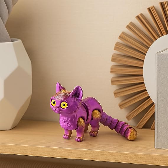 Cat 3D Model,Flexible 3D Printed Stress Relief Toy,Cats Fidget Toys Decor for Home,Office,Classroom(Purple&Gold)