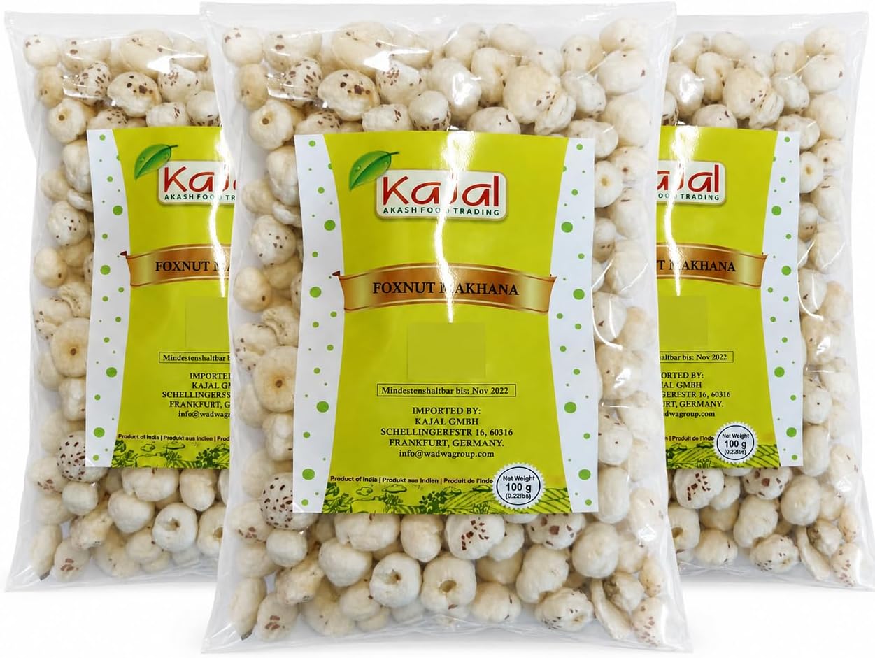 Phool Makhana Fox Nuts 3 x 100 g – Prażone i Puchnięte Nasiona Lotosu z Indii | Chrupiące Nasiona Makhana, 100% Euryale Ferox | Naturalne lub Doprawione, Bez Dodatków met Kajal Sticker