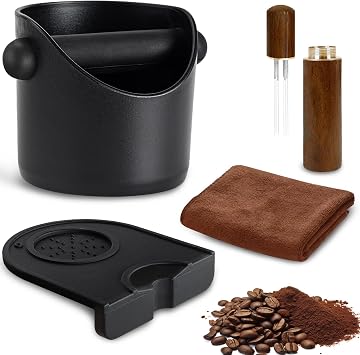 Espresso Coffee Knock Box, Coffee Machine Accessories 4.4 Inch Bin Small, Removable Knock Bar and Non-Slip Base with Coffees Stirring Needle and Towel, Coffees Grounds Knocks Box Black