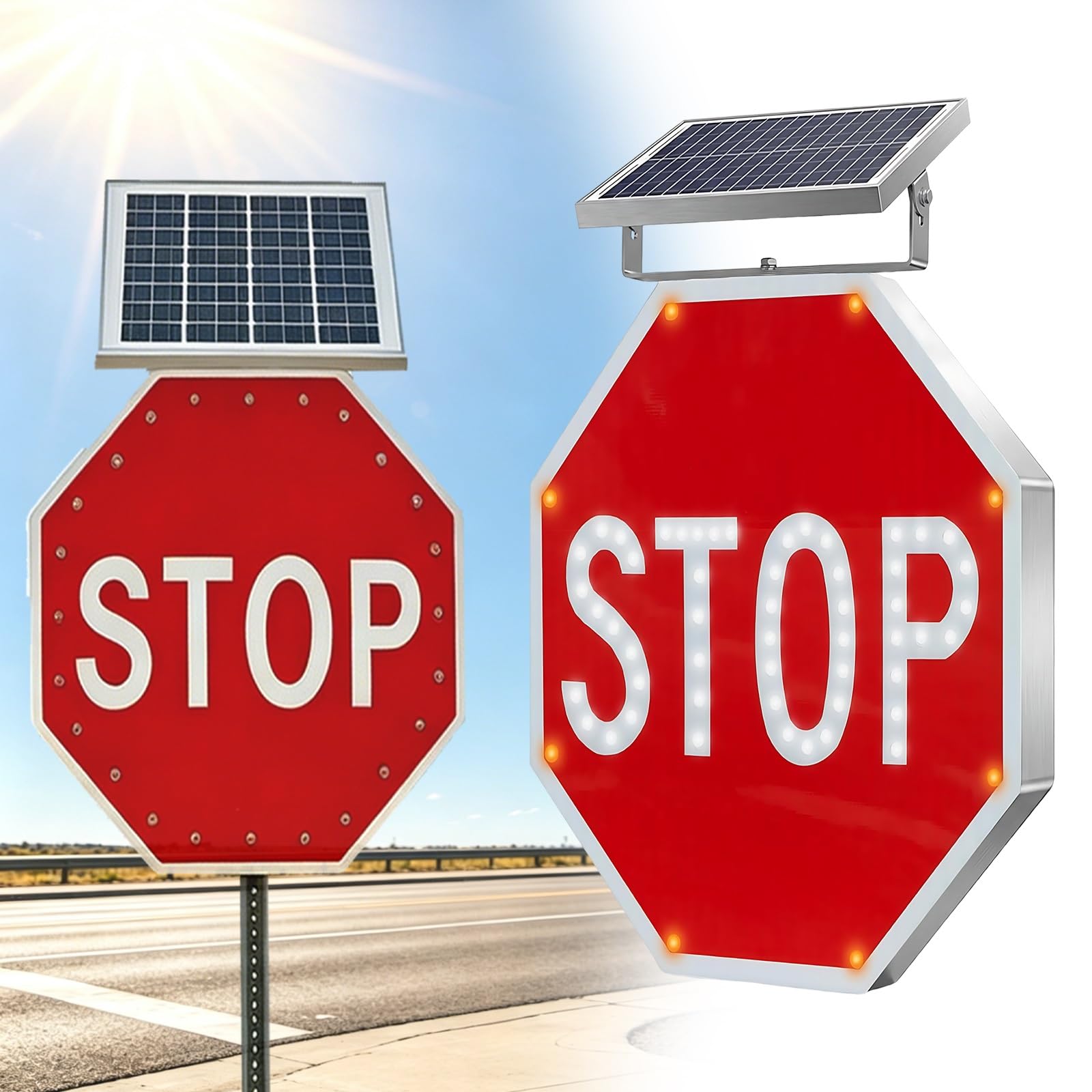 Cartel de Parada Solar Intermitente, Señal Vial Octogonal Alta Visibilidad, Lámina Reflectante Industrial, Marco en Aluminio, para Carreteras Forestales y Pasos Escolares(30")
