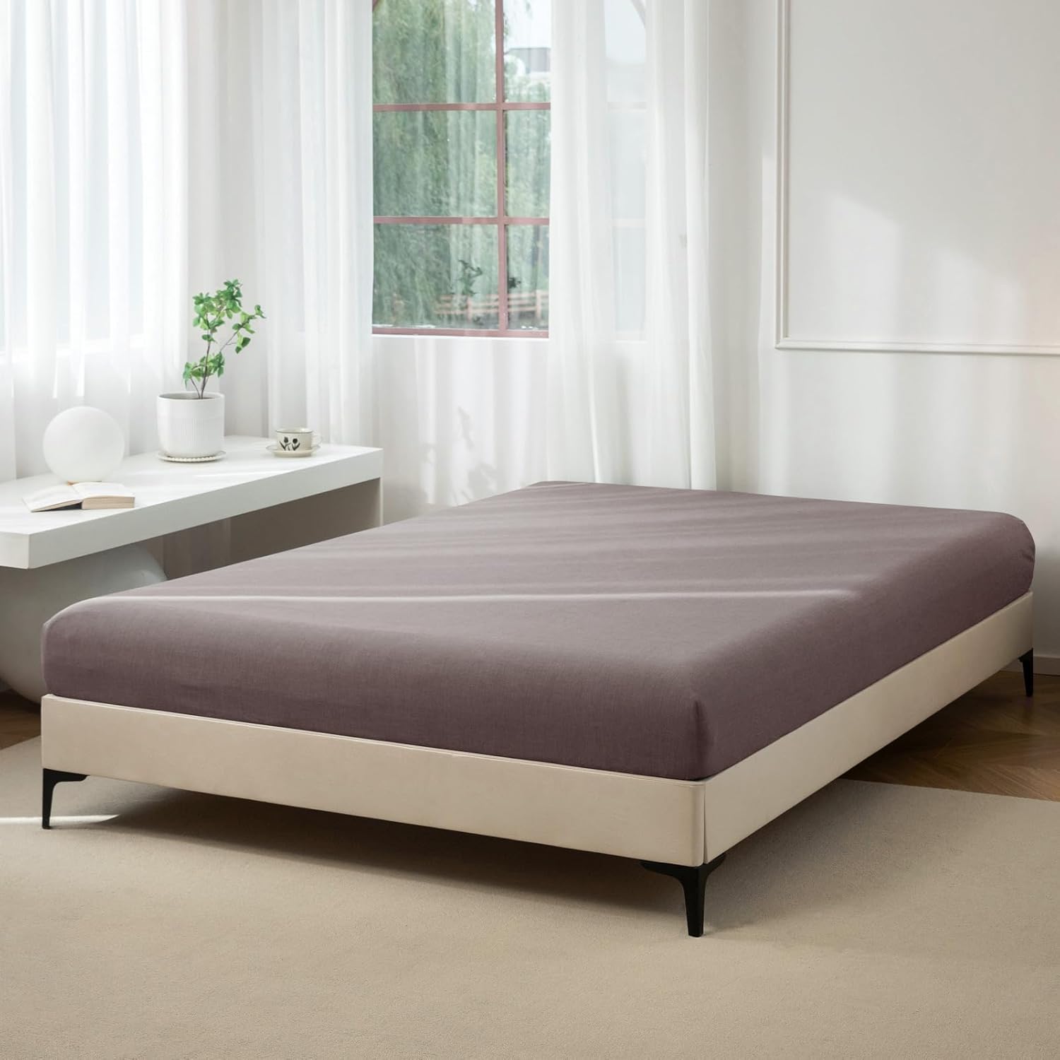 JIYUAN 100% Washed Cotton 3 Pieces Queen Fitted Sheet Set,Linen Like Cozy Soft & Breathable, Deep Pocket Fitted Sheet (Fits Mattress up to 17") + 2 Pilowcases, Heathered Mauve Brown - Image 2