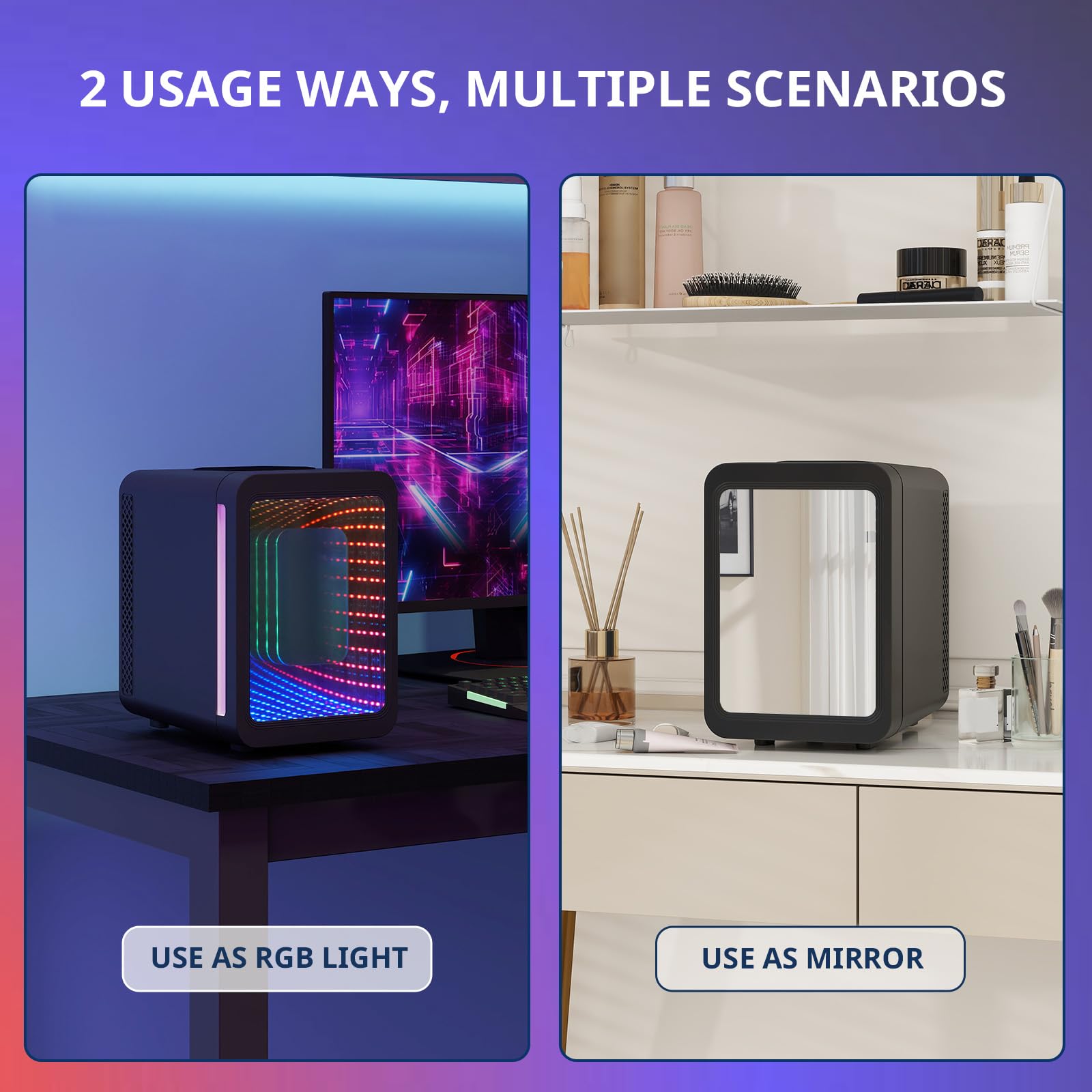 ARTETHYS Mini Fridge for Bedrooms, 4L Car Skincare Fridge with LED Mirror, Gaming Fridges with Infinity Effect for Home Office Skin Care, 220V AC/12V DC, Black — view 2