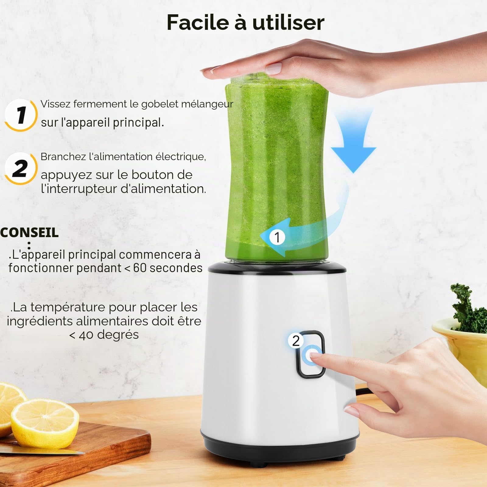 Mixeur à smoothie, mini blender portable, sans BPA, 23000 tr/min, bouteille à double paroi (600 ml + 400 ml), 300 W