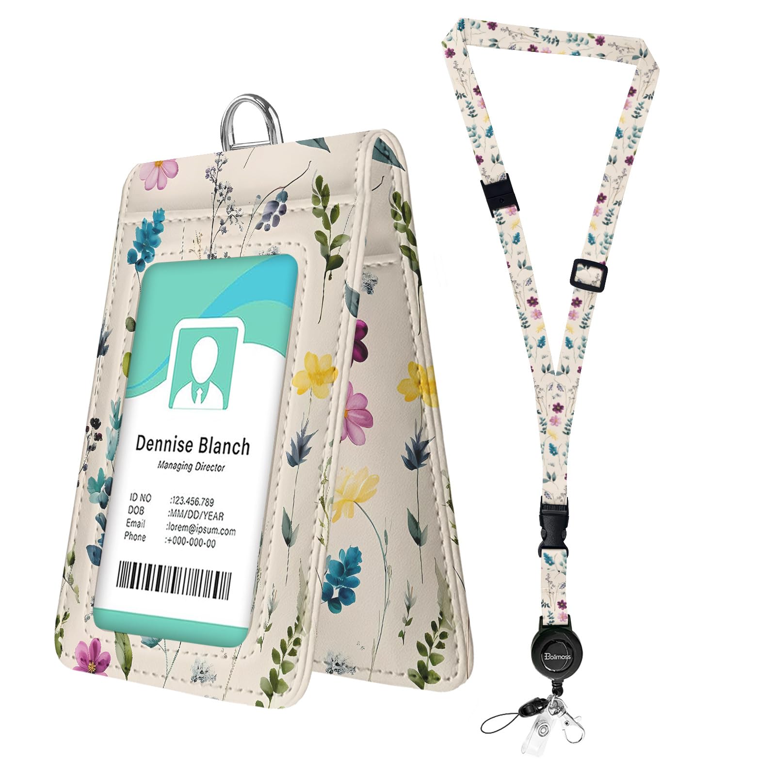 bolimoss Cute Floral Lanyards for ID Badges, Leather Badge Holder with Double-Sided Windows, Quick Release Buckle and Safety Breakaway Lanyards for Teacher Nurse Work (Watercolor Flower — image 1