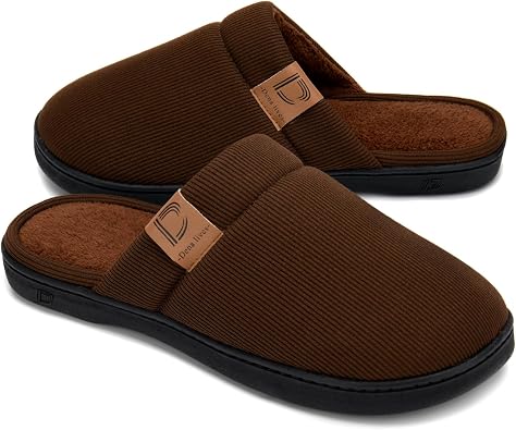 DL Mens Memory Foam Slippers with Fuzzy Plush Lining, Slip on House Slippers with Indoor Outdoor Anti-Skid Rubber Sole