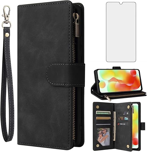 Asuwish Compatible con Xiaomi Redmi 12CPoco C55 Wallet Case Protector de pantalla de vidrio templado y cubierta de cuero con tapa para tarjetero,