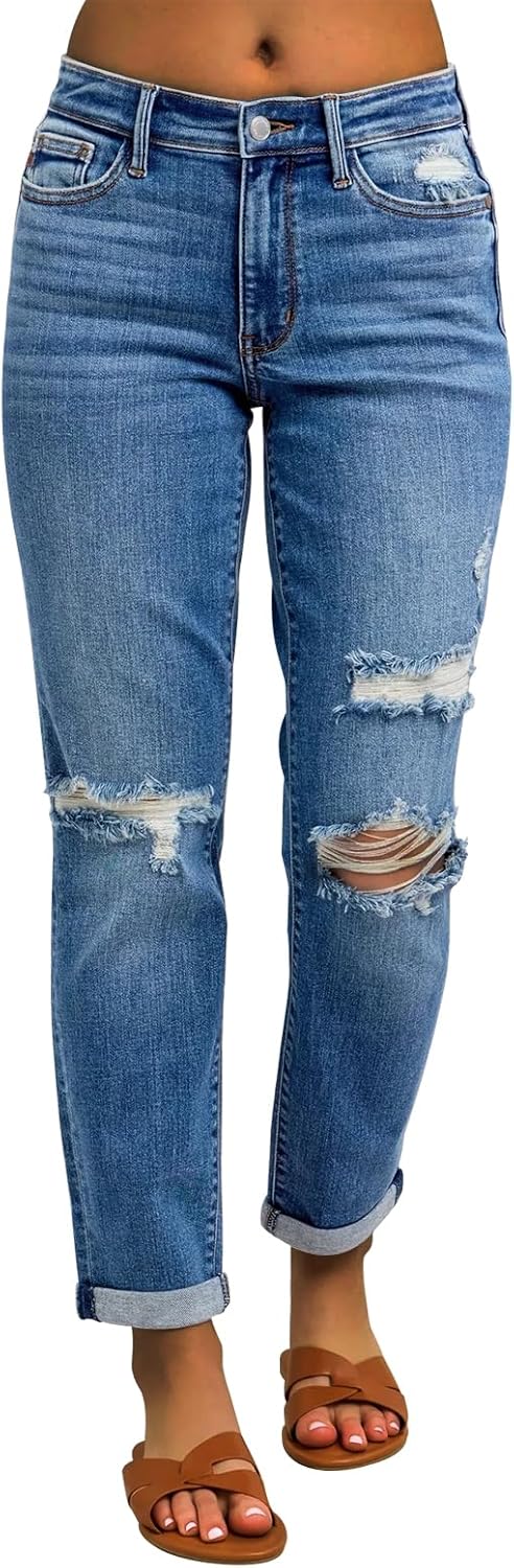 KUNMI Women's Ripped Mid Waisted Boyfriend Jeans Loose Fit Distressed Stretchy Denim Pants - Image 2