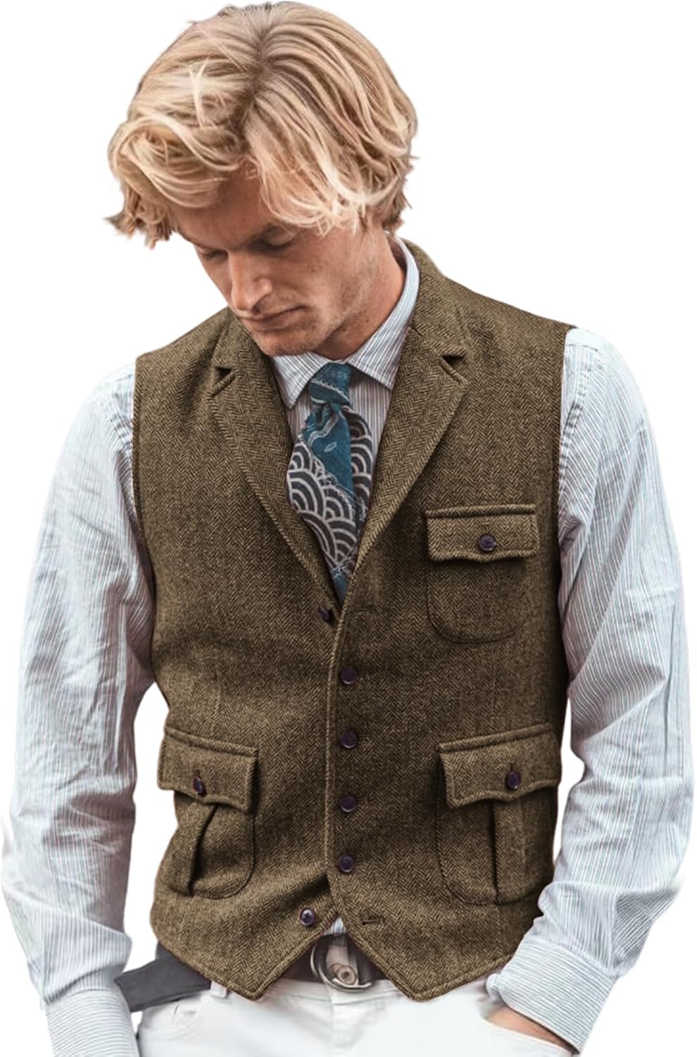 Men's Herringbone Tweed Suits Vest Business Sleeveless Wool Blend Waistcoat