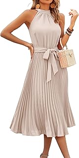 Women's 2025 Summer Sleeveless Halter Neck Pleated Midi Cocktail Dresses A Line Flowy Beach Sun Dress with Belt - Buy now
