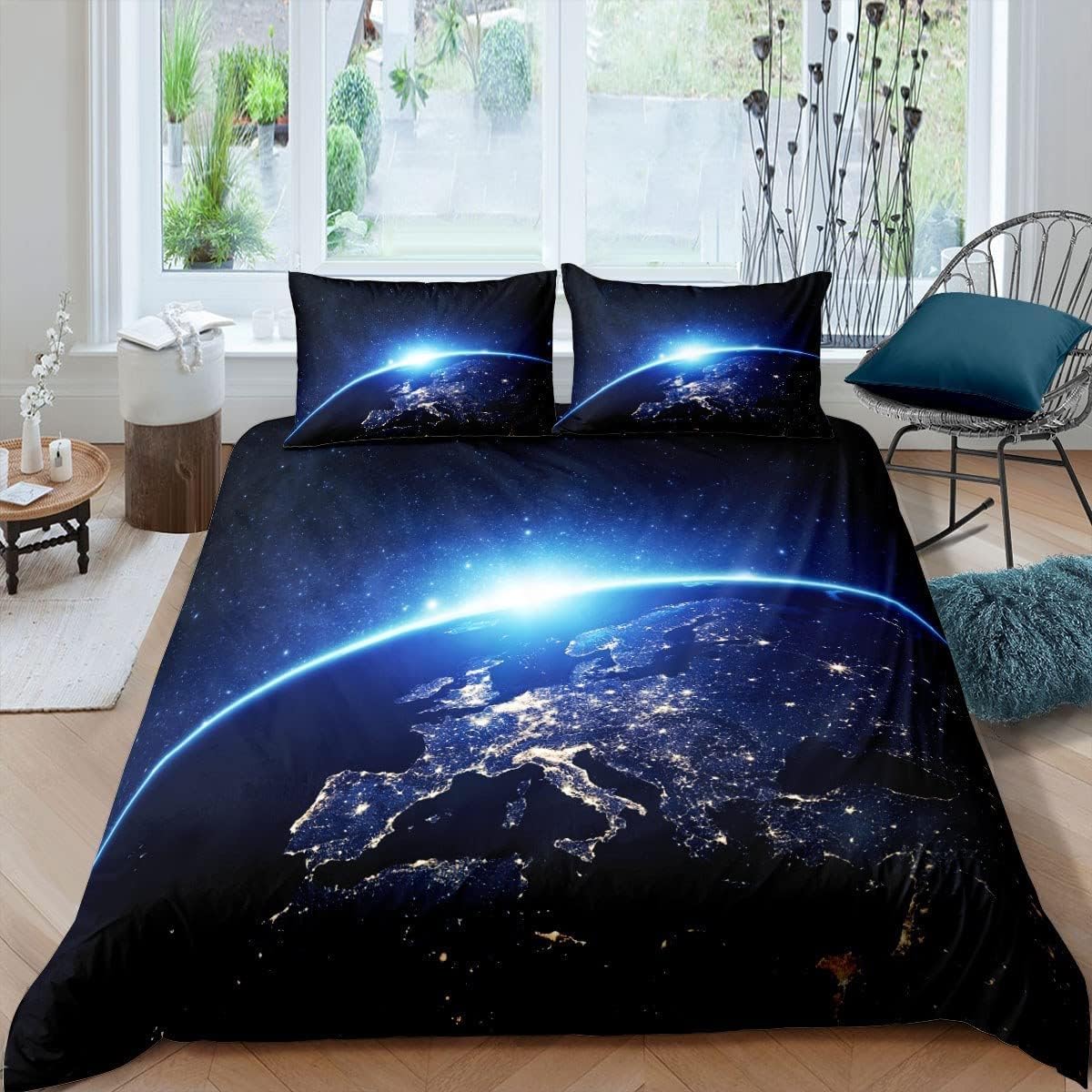 Loussiesd Earth Bedding Set Planet Outer Space Duvet Cover Set Dark Blue Galaxy Earth Comforter Cover for Children Boys Teenagers Teens Blue Planet Bedding Double Size with 2 Pillowcase