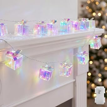 YOLIGHT Christmas Gift Box String Lights with Timer, 6.5ft 10 LED Iridescent Christmas Decoration, Battery Operated Fairy Lights for Xmas Tree Decor Fireplace Mantel Stairs Room Party White