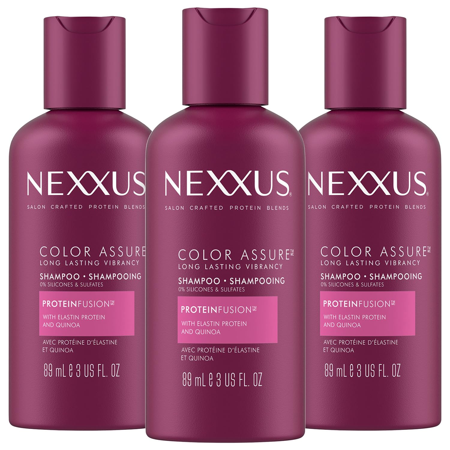 Nexxus Shampoo, Color Assure, Travel-Size 3-Pack – Replenishes and Extends Hair Color Vibrancy, 3 Oz Ea