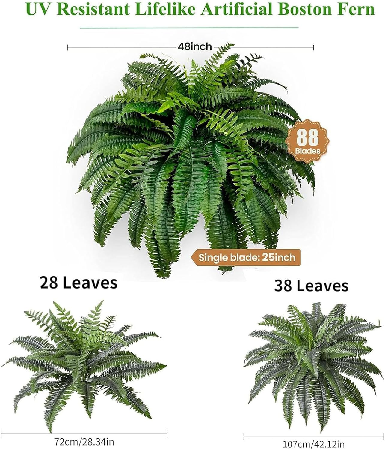 Large Artificial Boston Fern for Outdoors - UV Resistant Fake Ferns for Porch & Hanging Baskets, 28/38/60/88 Fronds Lifelike Faux Boston Fern Bundles, No Fade Outdoor Plants (No Pot) (60-Leaf, 2Pcs)