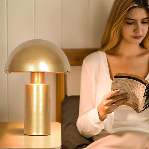 Miniatura 9 de Pia Ricco Lámpara de mesa moderna de hongo dorado de 12 pulgadas con cable enchufable, lámpara de escritorio de metal minimalista, luz de mesita de