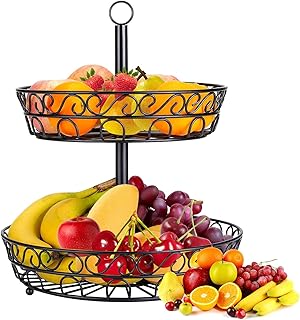 JOLIGAEA Corbeille à Fruits, Porte Fruits 2 Etages, Métal Casier à Fruits, Gain de Place Décoratif Panier a Fruit pour légumes, fruits, aliments, collations, Pain