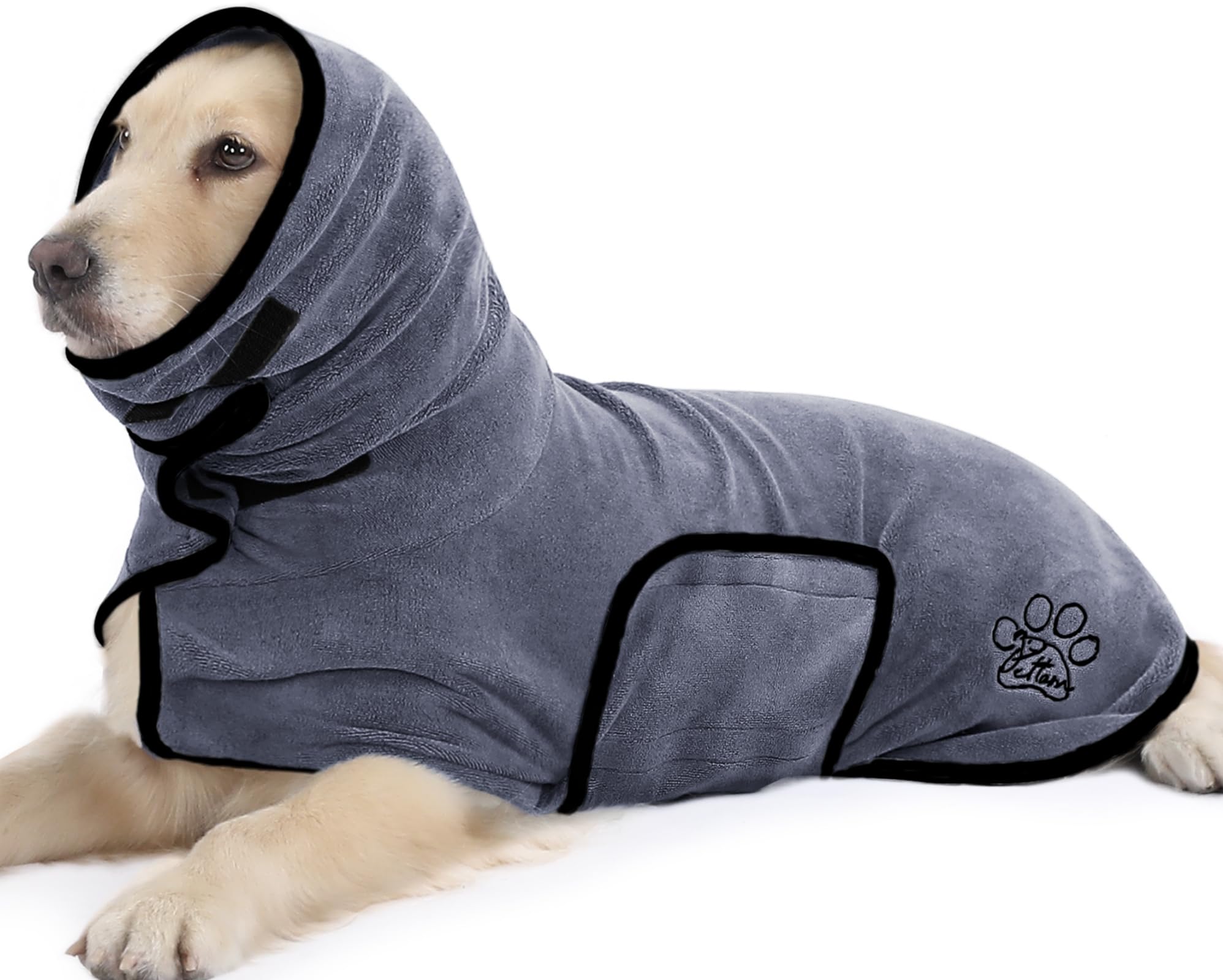 PETTOM Hundebademantel, Bademantel Hund mit Hohem Kragen, Hundebademantel für Große Mittelgroße und Kleine Hunde, Hunde Bademantel Mikrofaser mit Klettverschluss (Grau, M)