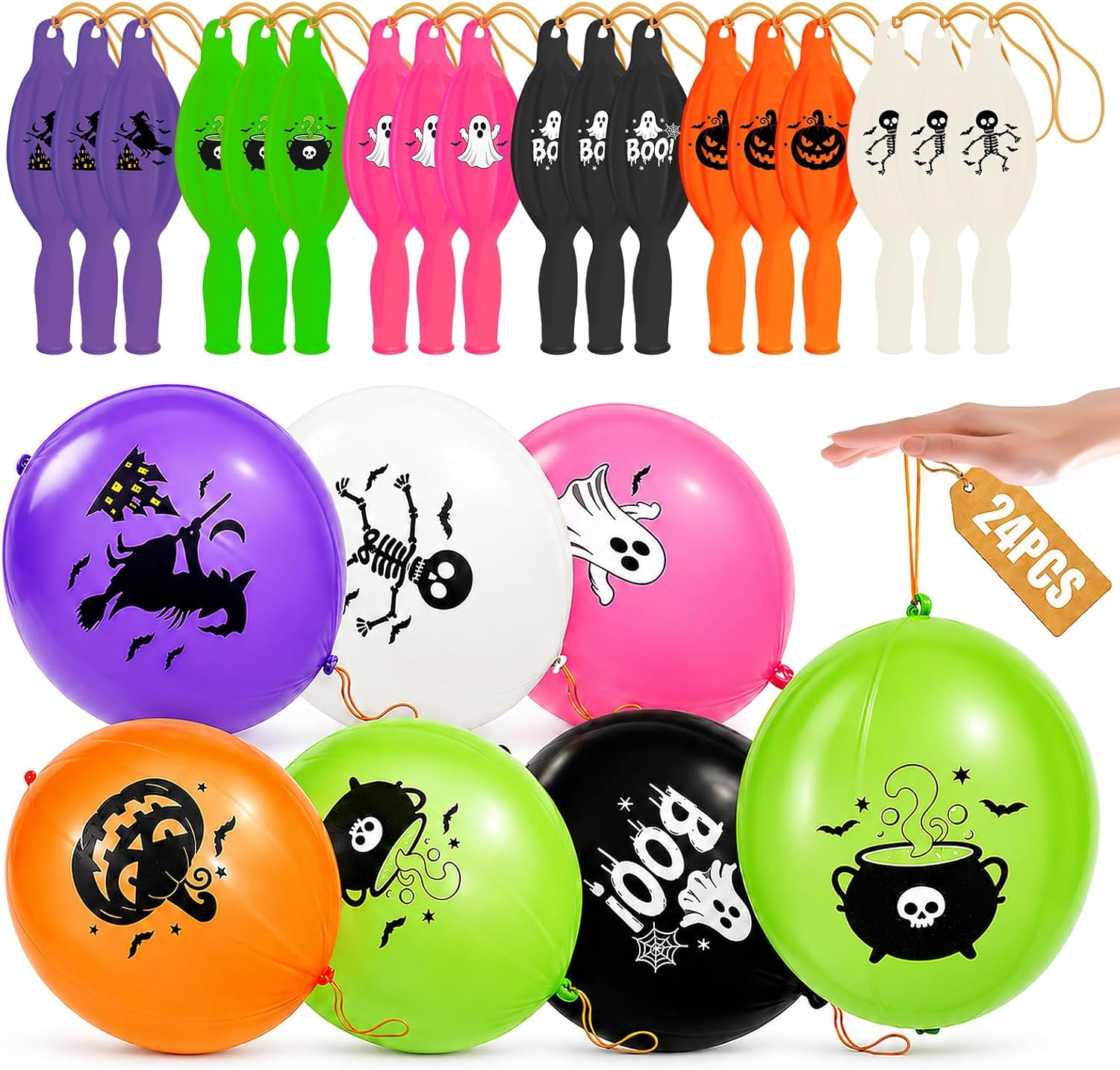 24Pcs Halloween Punch Balloons Party Favors - Punching Balloon Toy for Kids | 6-Colors, 18inch, Punch Ball with Rubber Bands, Heavy Duty, Halloween Trick or Treat Toys, Goodie Bag Stuffers