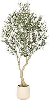 REALEAD 6FT Realistic Artificial Olive Tree with Exquisite Planter - Lifelike Faux Olive with Thick Trunk & Fruits for Home Office Decor