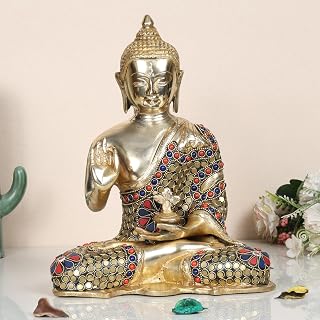 ARTVARKO Blessing Buddha Brass Idol with Inlay Statue with Sacred Kalash Decorative Buddhism Buddha Showpiece Figurine Hom... Price In India