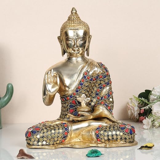 ARTVARKO Blessing Buddha Brass Idol with Inlay Statue with Sacred Kalash Decorative Buddhism Buddha Showpiece Figurine Hom...