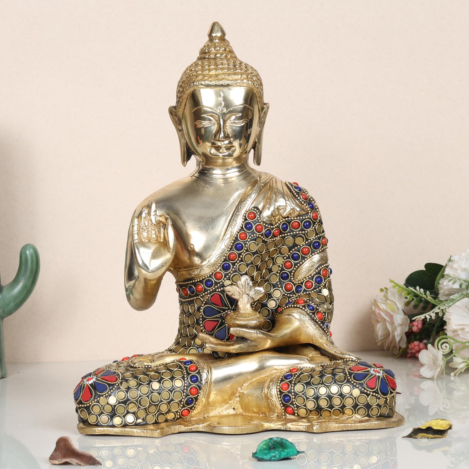 ARTVARKO Blessing Buddha Brass Idol with Inlay Statue with Sacred Kalash Decorative Buddhism Buddha Showpiece Figurine Hom...