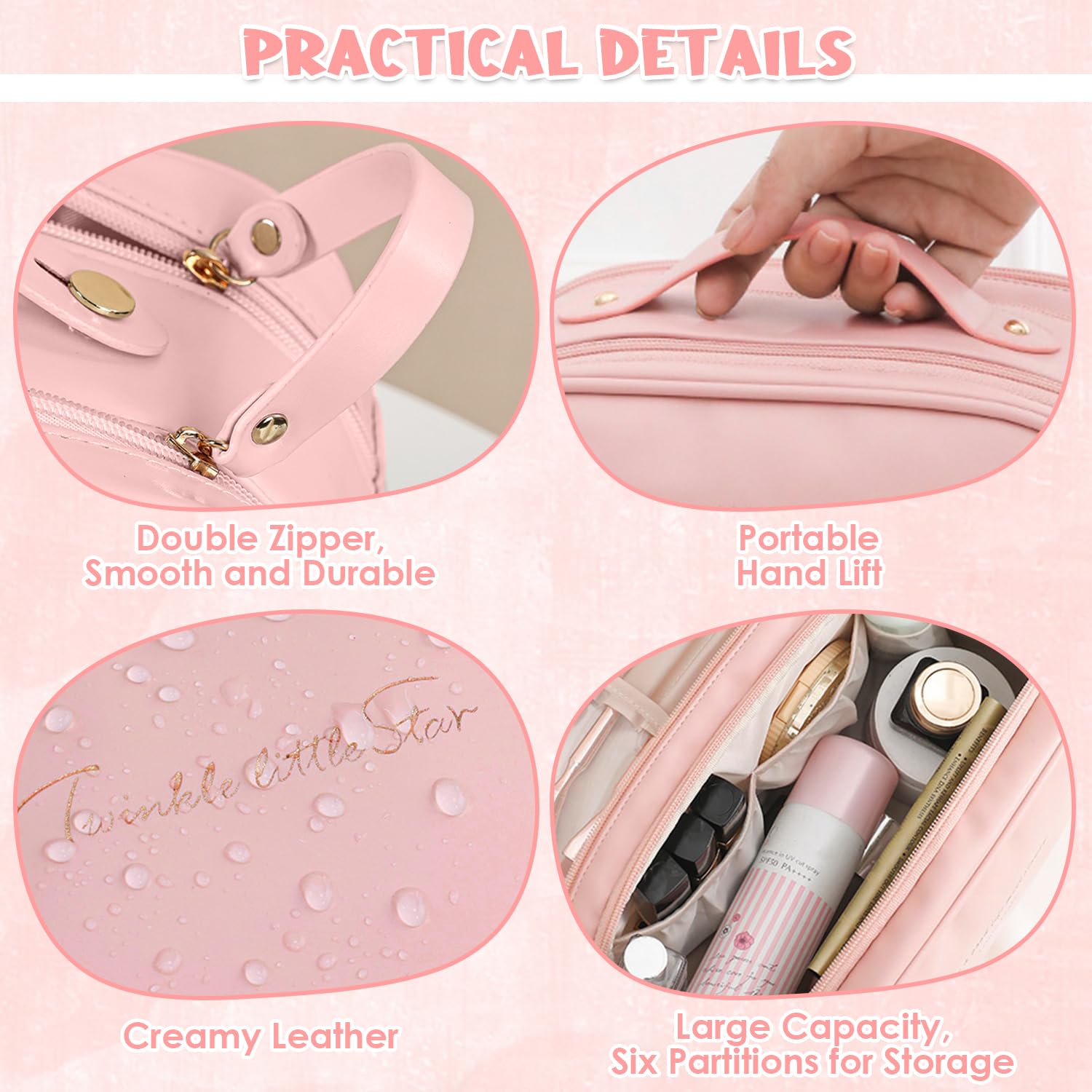 Large Capacity Travel Makeup Bag Portable Cosmetic Bag PU Leather Waterproof Cosmetic Bags with Makeup Brush Organiser for Women (Pink) - Image 4