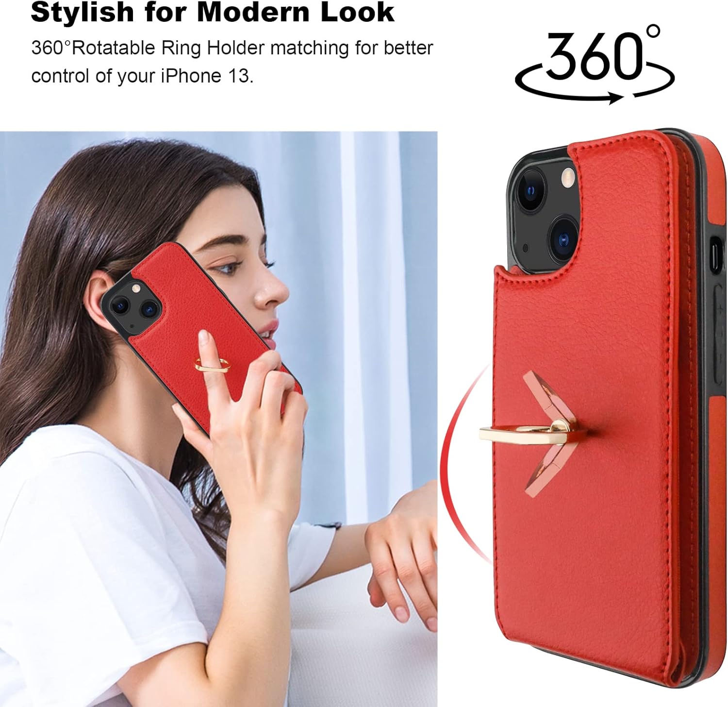 Folosu Compatible with iPhone 13 Case Wallet with Card Holder, 360°Rotation Finger Ring Holder Kickstand Protective RFID Blocking PU Leather Double Buttons Flip Shockproof Cover 6.1 Inch Red