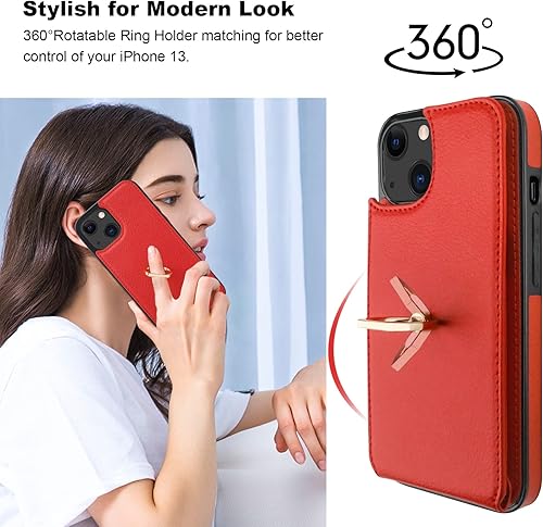 Miniatura 10 de Folosu Compatible con iPhone 13 Funda cartera con tarjetero con rotación de 360, soporte de anillo de dedo con función atril, bloqueo RFID, piel