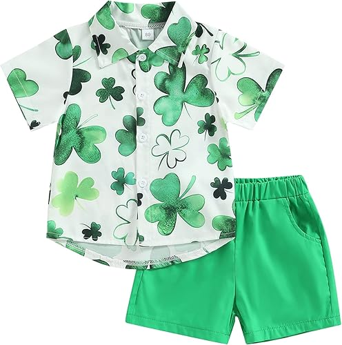 Conjunto de ropa de verano para bebé y niño con estampado de trébol de manga corta y botones color liso 2 piezas