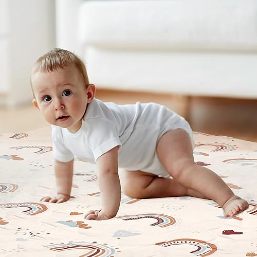 Miniatura 5 de Tapete de juego bohemio para bebé arcoíris de 50 x 50 pulgadas, tapete antideslizante con patrón de arco iris bohemio, tapete de juego plegable para