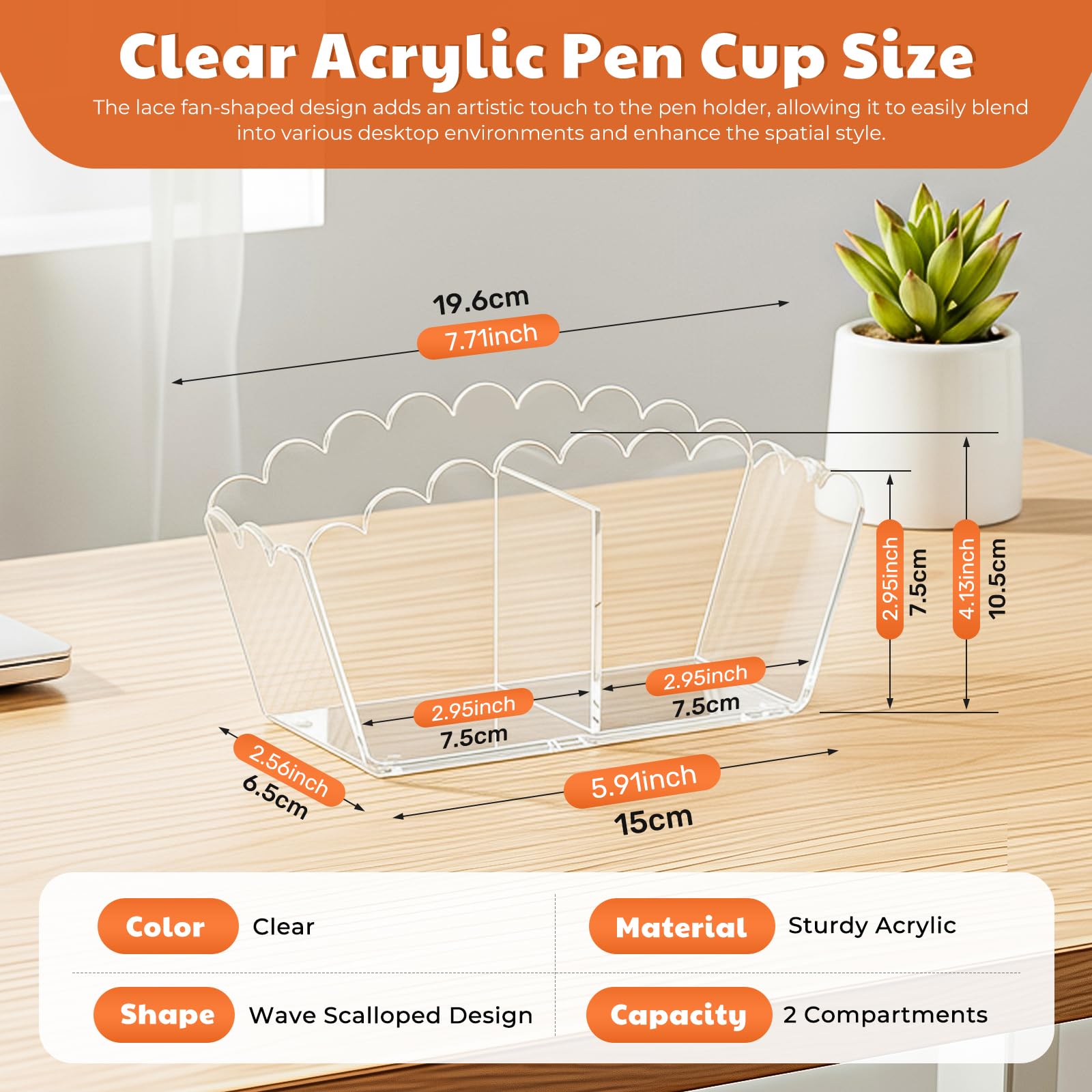 Clear Acrylic Pen Holder - 2 Compartment Desk Caddy -3 Clear Acrylic Pen Holder - 2 Compartment Desk Caddy -3