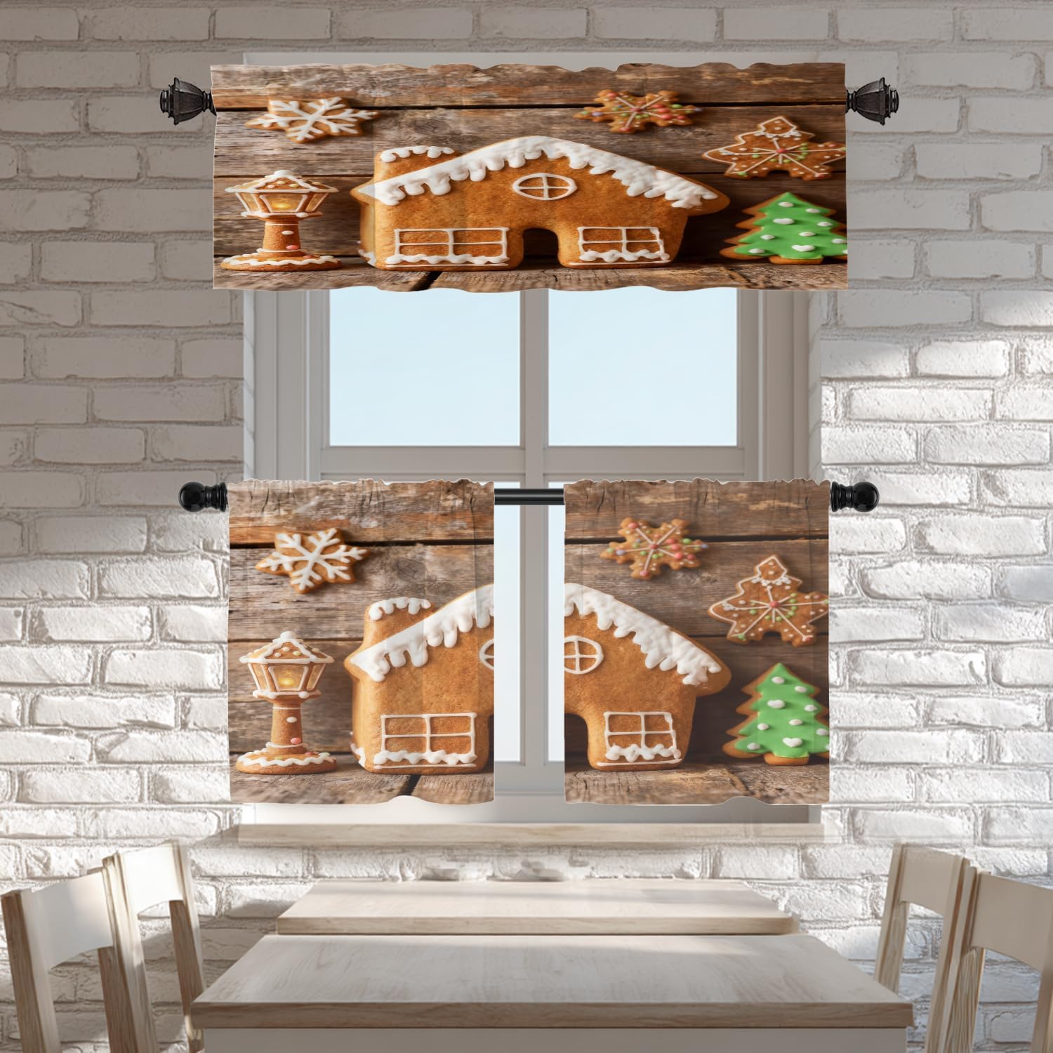Batmerry Gingerbread Cookie Valance Curtains,Couple Christmas Homemade Gingerbread Window Treatment Kitchen Valances Multilayer Polyester Blackout for Living Room/Bathroom, 52x18 inches