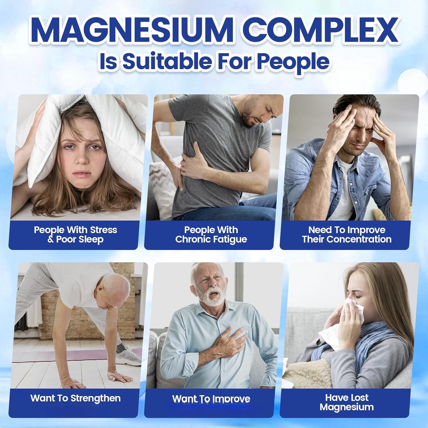 Complejo de magnesio, apoya la salud de los músculos y las articulaciones, alivia el estado de ánimo y el estrés, promueve el sueño, la energía y la vitalidad y promueve el metabolismo.