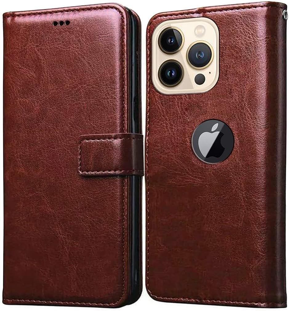 CLICKFLEEK Leather Finish Logo View Flip Cover Compatible for iPhone 14 Pro Max | Inbuilt Stand & Pockets | Wallet Style Flip Case Compatible for iPhone 14 Pro Max -(Brown)