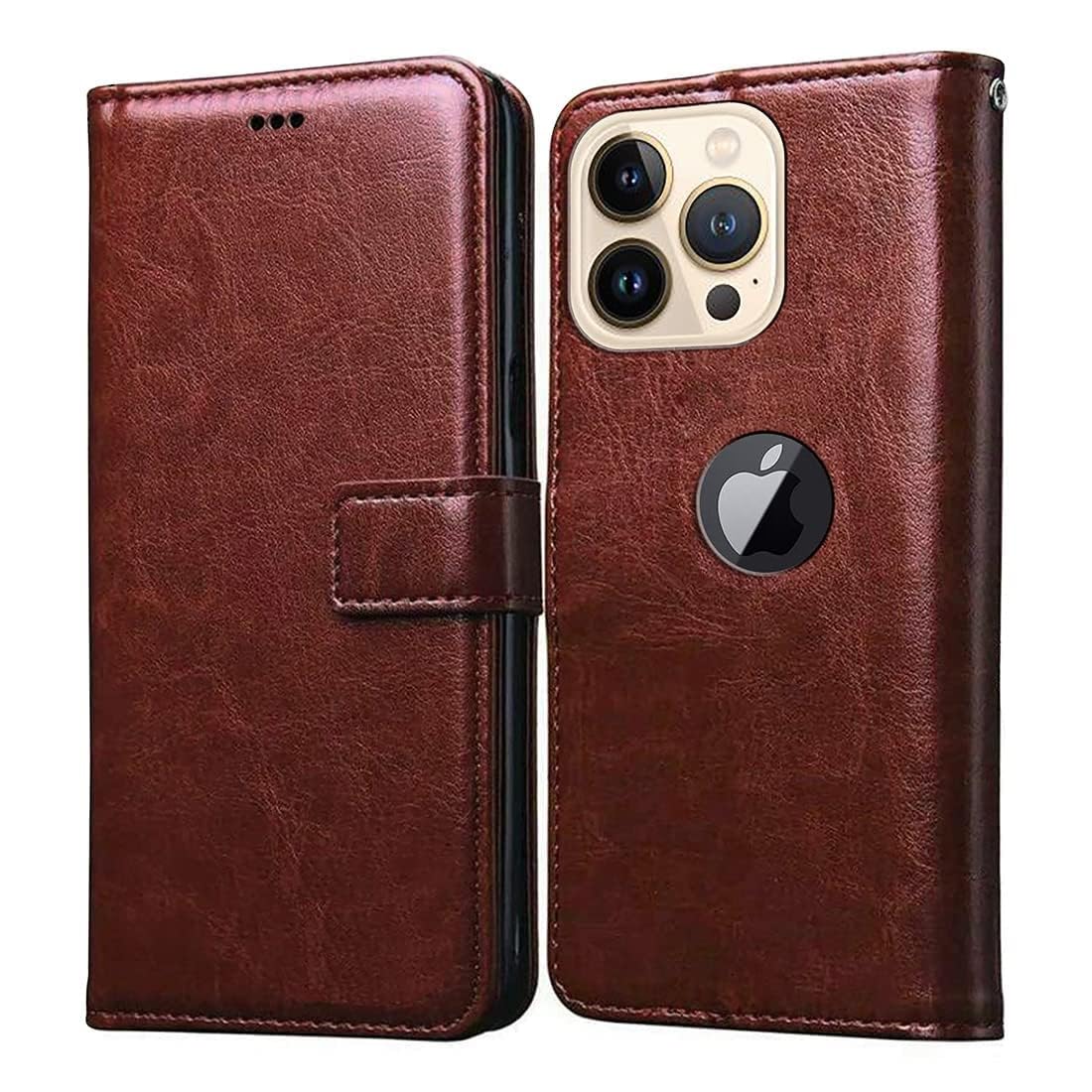 CLICKFLEEK Leather Finish Logo View Flip Cover Compatible for iPhone 14 Pro Max | Inbuilt Stand & Pockets | Wallet Style Flip Case Compatible for iPhone 14 Pro Max -(Brown)