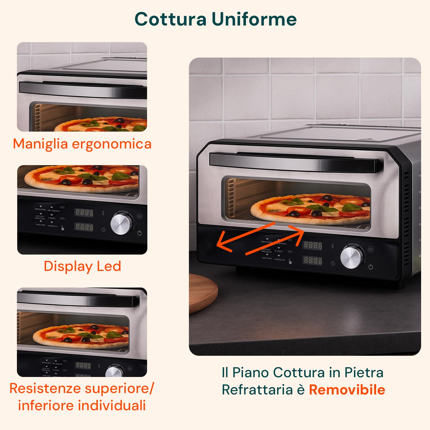 Avilia - Forno Pizza Elettrico 400°C con Display Digitale e 6 Programmi di Cottura, Include Pala per Pizza in Acciaio Inox, Facile da Usare con Controllo Preciso della Temperatura