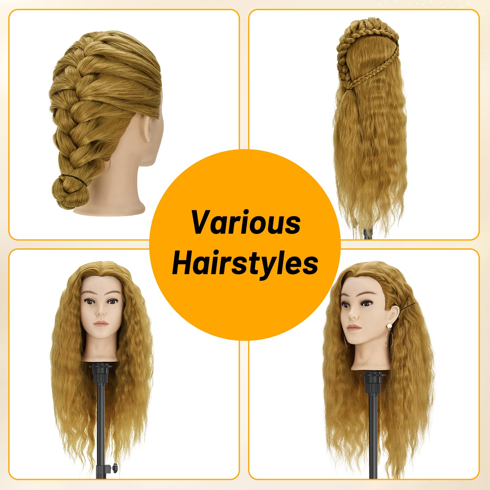 Yekavo Hairdressing Head, Hair Mannequin Head with 90% Real Hair 61cm/24in, Doll Head for Hair Styling Cosmetology&Training - Image 4
