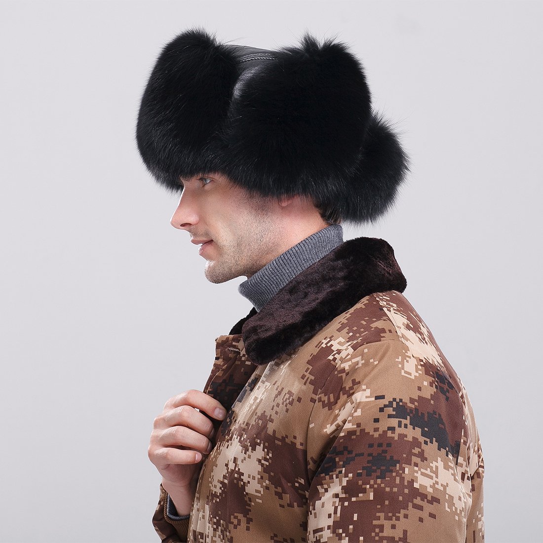 URSFUR Men's Black Fox & Leather Trapper Hats